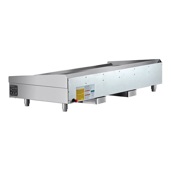 A large stainless steel countertop natural gas griddle with snap-action thermostatic controls.
