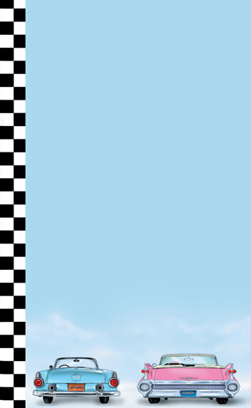 The left insert with a blue and black checkered background and retro themed cars.
