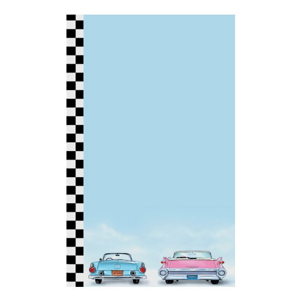A sheet of paper with a blue background, a black and white checkered border on the left, and illustrations of a blue and a pink vintage car at the bottom.