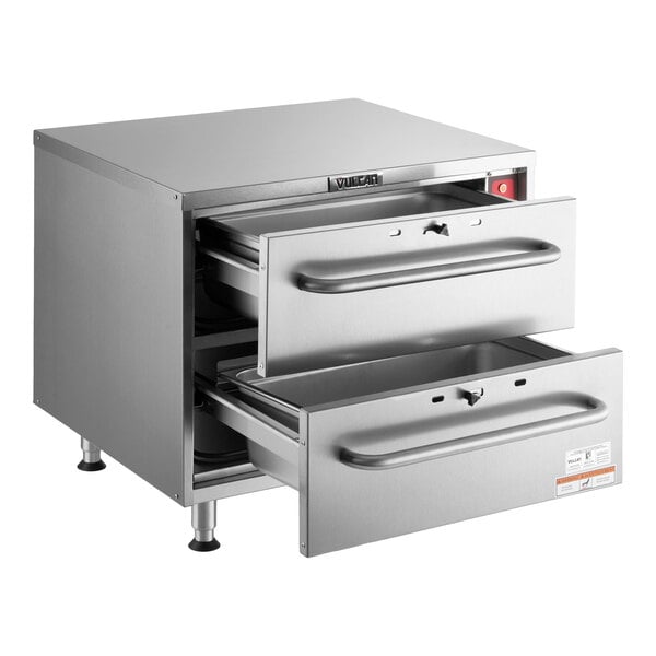 A stainless steel freestanding two-drawer food warmer with both drawers partially open.