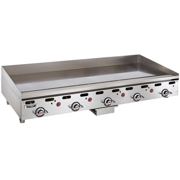 A Vulcan stainless steel countertop gas griddle.