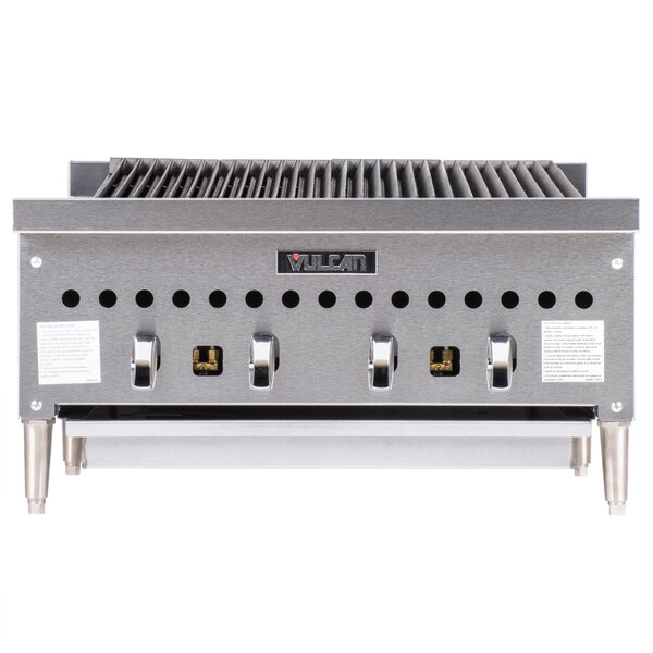 A close-up of a Vulcan stainless steel radiant charbroiler with a metal grate.