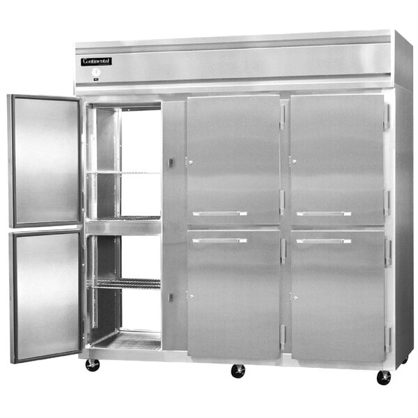 A large stainless steel Continental Refrigerator with two half doors open.
