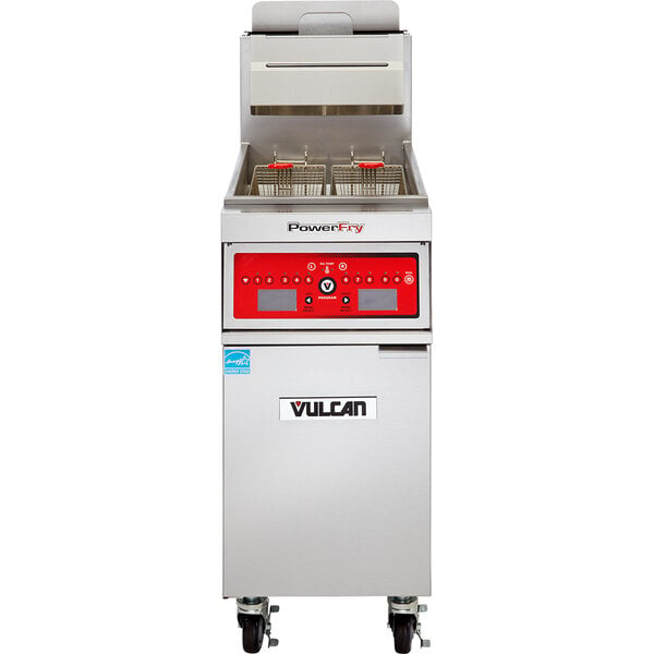 A Vulcan gas floor fryer with red and black computer controls.