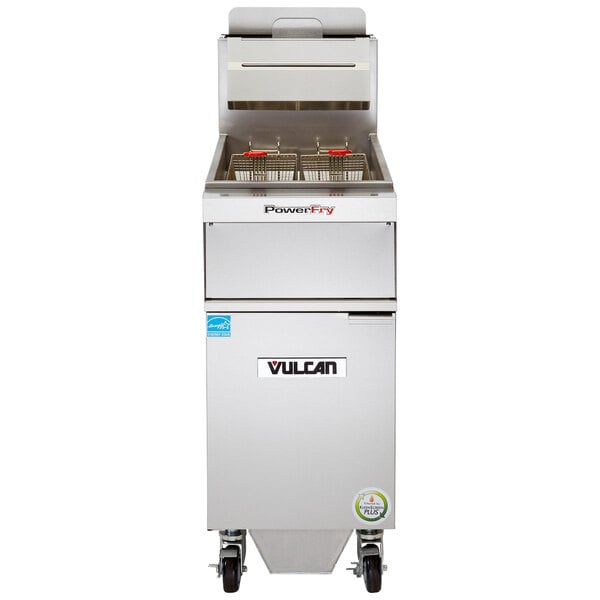 A Vulcan liquid propane floor fryer with solid state analog controls.