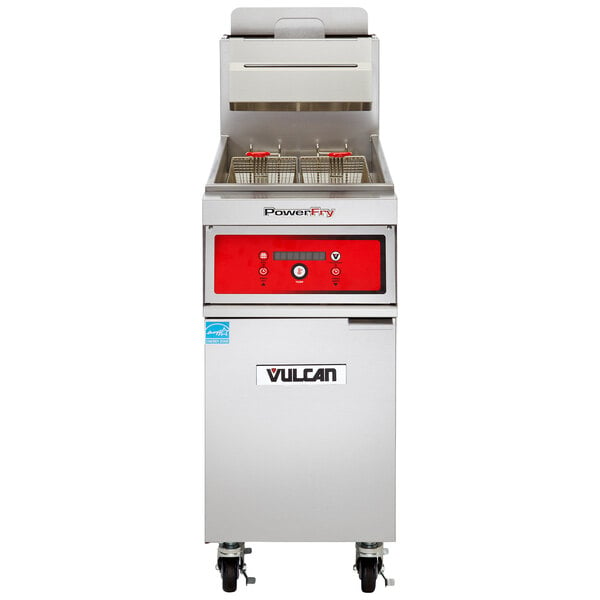 A red and white Vulcan gas floor fryer with buttons and symbols.