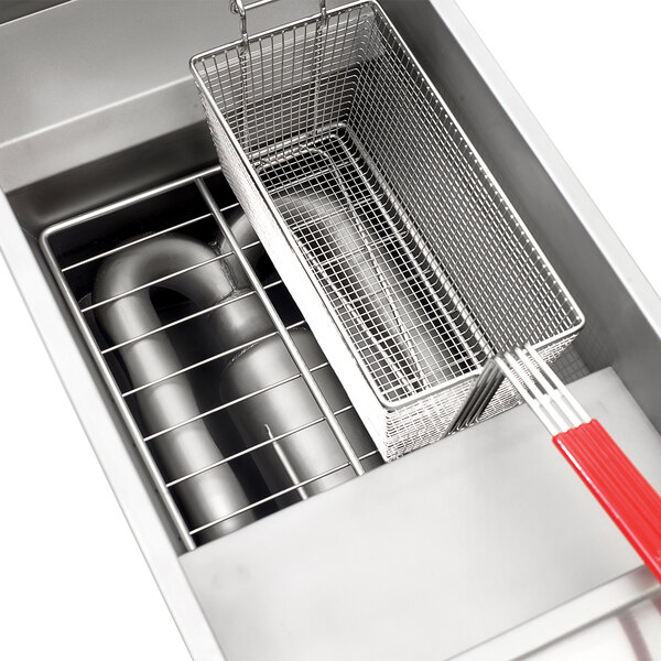 A Vulcan gas floor fryer with a red basket handle.