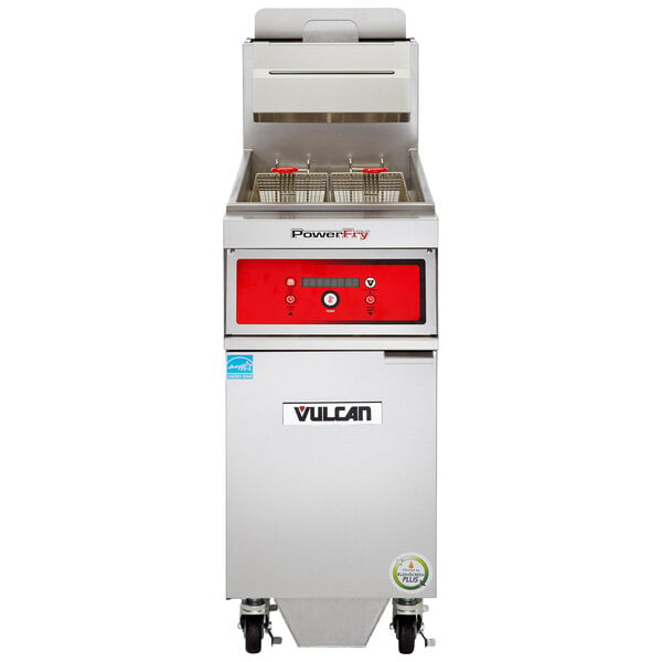 A large commercial Vulcan gas floor fryer with red and black digital controls.