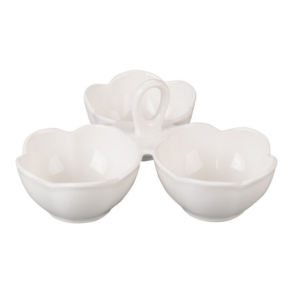 A white porcelain three-bowl caddy with a central handle.