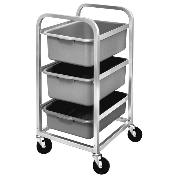 A Channel heavy-duty lug rack with three grey plastic bins.