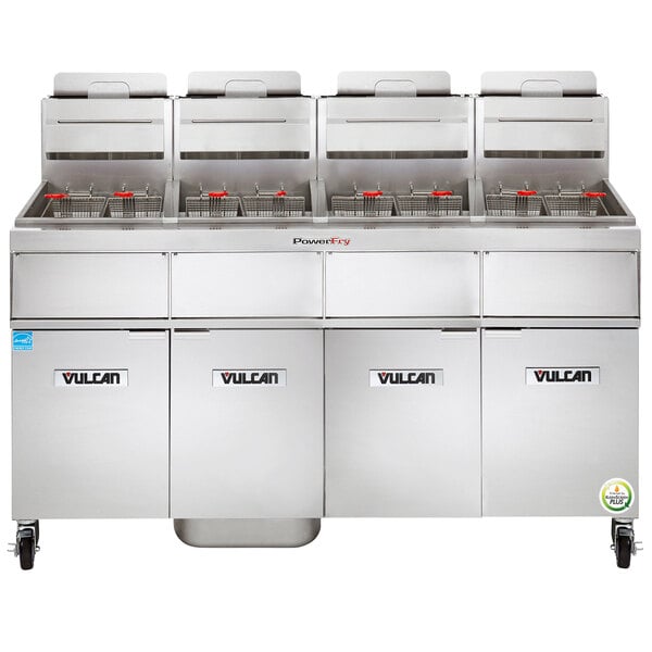 A large white Vulcan gas fryer with red handles on a counter.