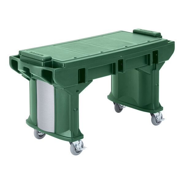 A green Cambro portable work table with wheels.