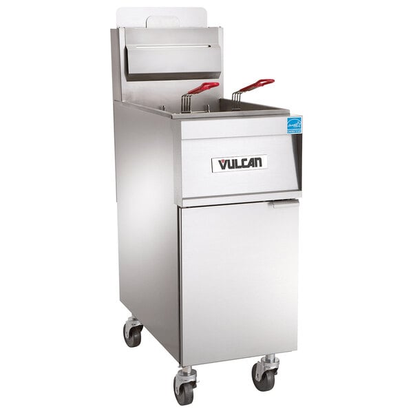 A large stainless steel Vulcan gas floor fryer with solid state analog controls.