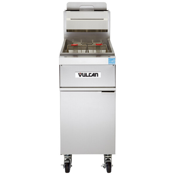 A Vulcan natural gas floor fryer with solid state analog controls.