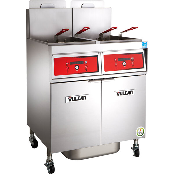 A Vulcan 2 unit floor gas fryer system with red handles.