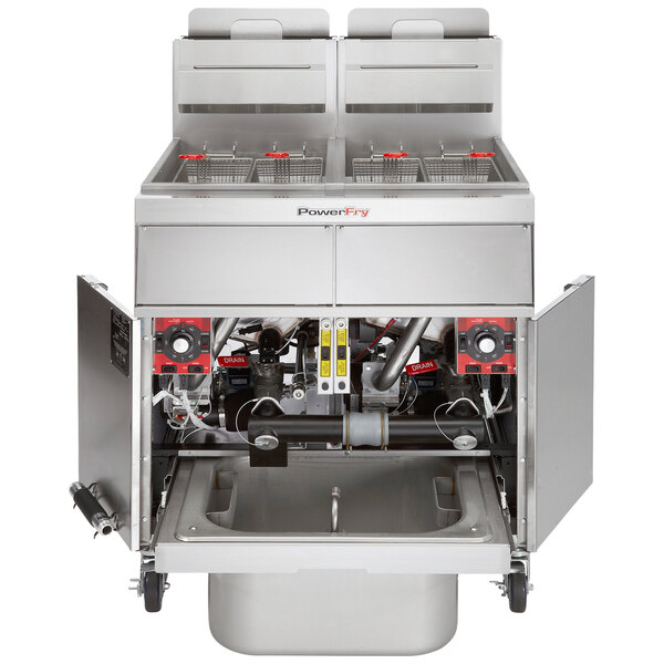 A Vulcan gas fryer system with two doors open.