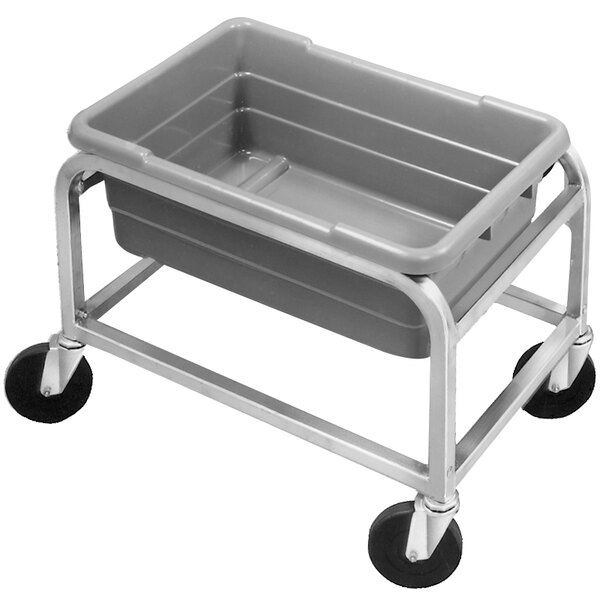 A Channel heavy-duty grey metal lug rack on wheels.