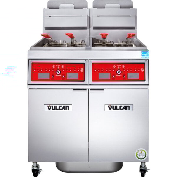 A Vulcan gas floor fryer system with a red and black panel with buttons and numbers.