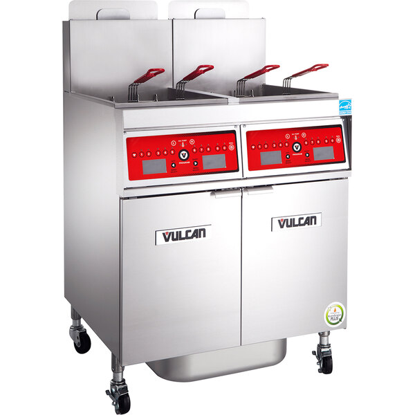 A Vulcan liquid propane floor fryer with computer controls and KleenScreen filtration.