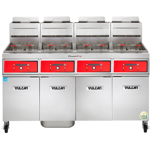 A group of red and silver Vulcan commercial deep fryers.