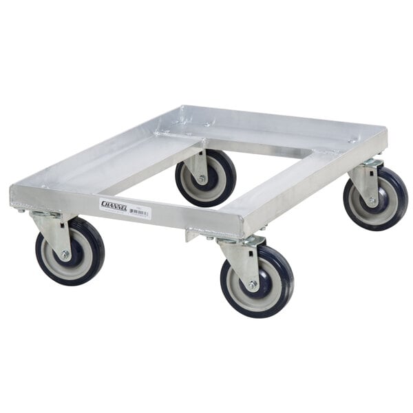 A metal Channel bun pan dolly with black wheels.