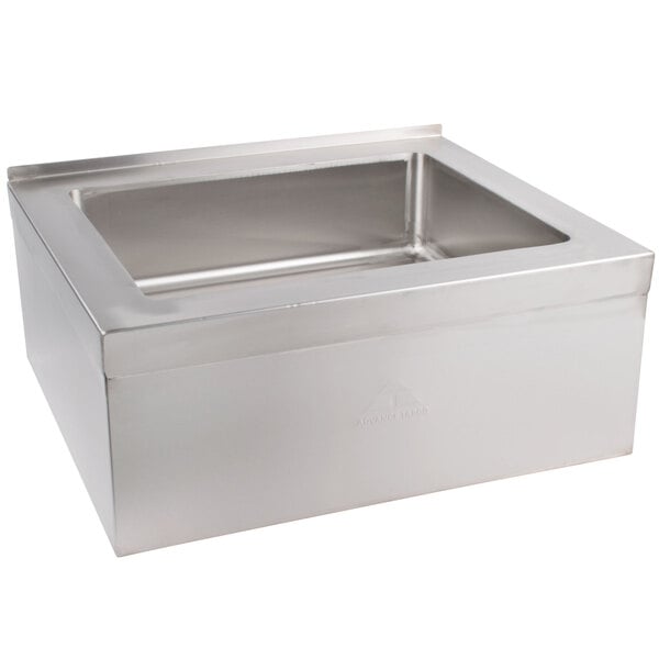 A stainless steel floor mounted mop sink with a square bottom and drain.