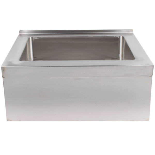 A stainless steel floor mounted mop sink by Advance Tabco with a square bottom and a drain on top.