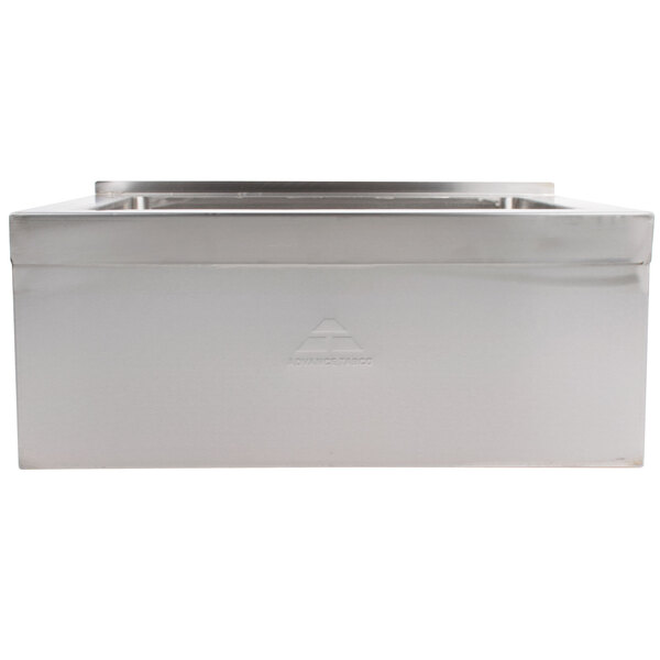 A silver rectangular stainless steel floor mounted mop sink with a drain.