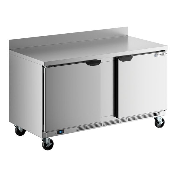 A Beverage-Air stainless steel refrigerator with two doors on wheels.