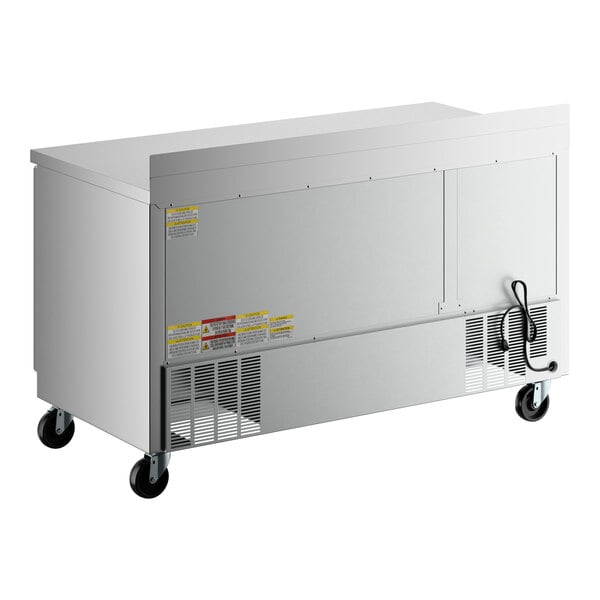 A Beverage-Air stainless steel worktop refrigerator with two doors on wheels.