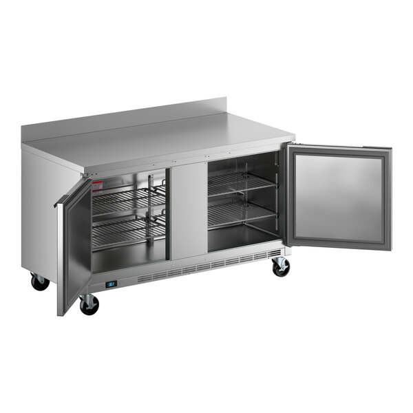 A Beverage-Air stainless steel worktop refrigerator with two doors.