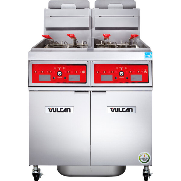 A Vulcan gas floor fryer system with red and black computer controls.