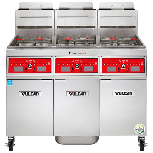 A Vulcan 3TR65CF-2 PowerFry3 floor fryer system with red and black computer controls.