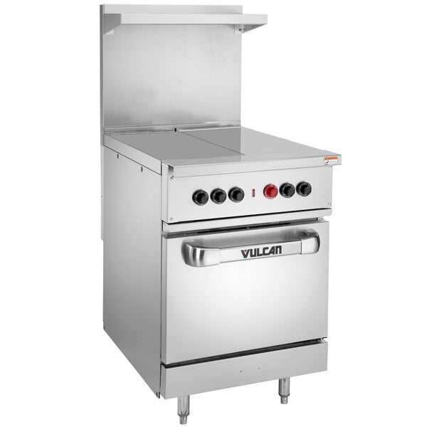 A large stainless steel Vulcan commercial electric range with two hot tops and oven base.