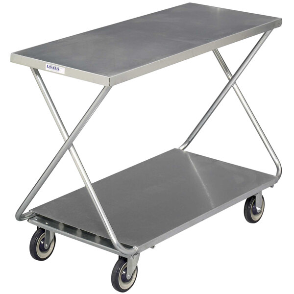 A chrome plated steel Channel stocking cart with a solid bottom shelf and wheels.