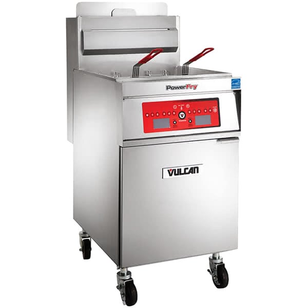 A large stainless steel Vulcan gas fryer with red buttons.