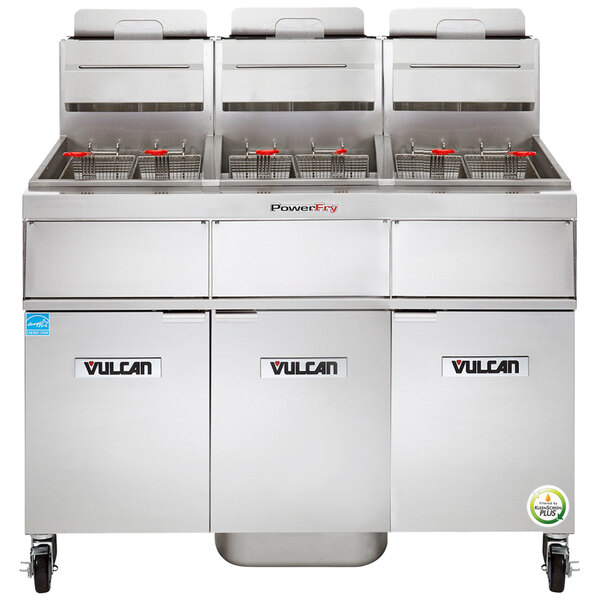 A large Vulcan floor gas fryer system with solid state analog controls.