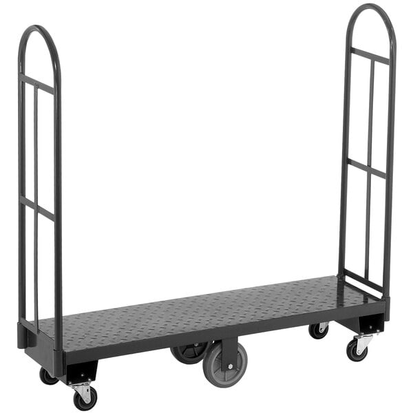 A black metal Channel U-Boat stocking truck with treaded wheels and metal handles.