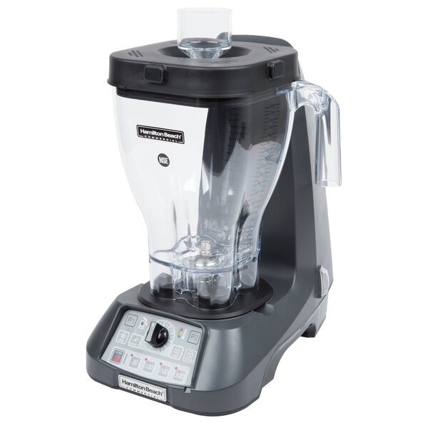 A Hamilton Beach food blender with a clear polycarbonate container and black surface.