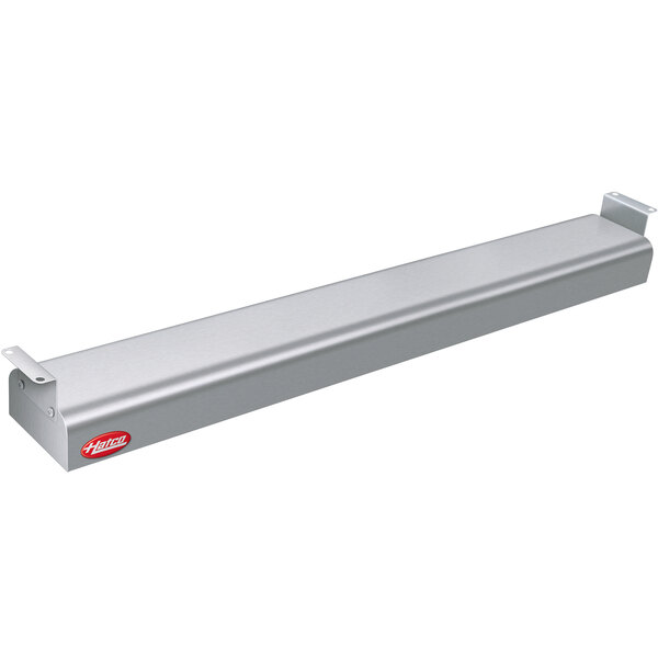 A long rectangular stainless steel Hatco food warmer with a red logo and red toggle controls.