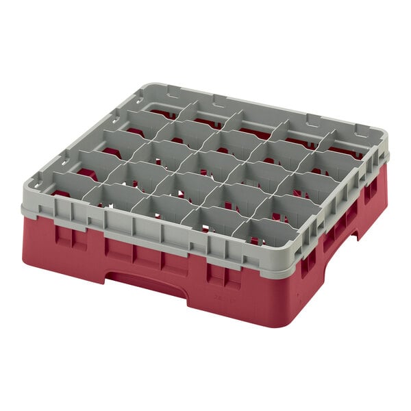 A red and grey plastic Cambro glass rack with several compartments.
