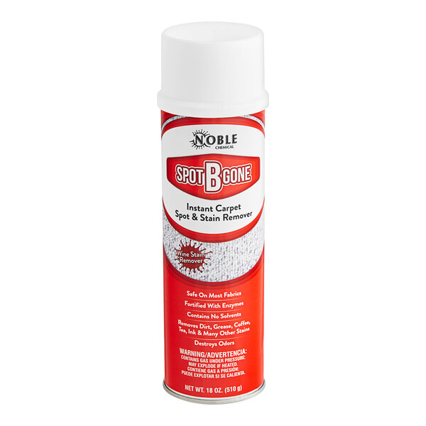 A bottle of Noble Chemical Spot-B-Gone carpet stain remover with red and white labeling.