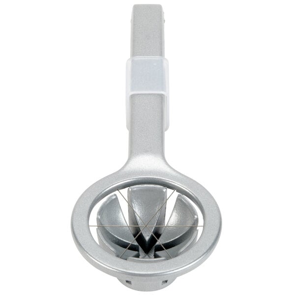 A silver metal Westmark egg wedger with white accents and circular wires.