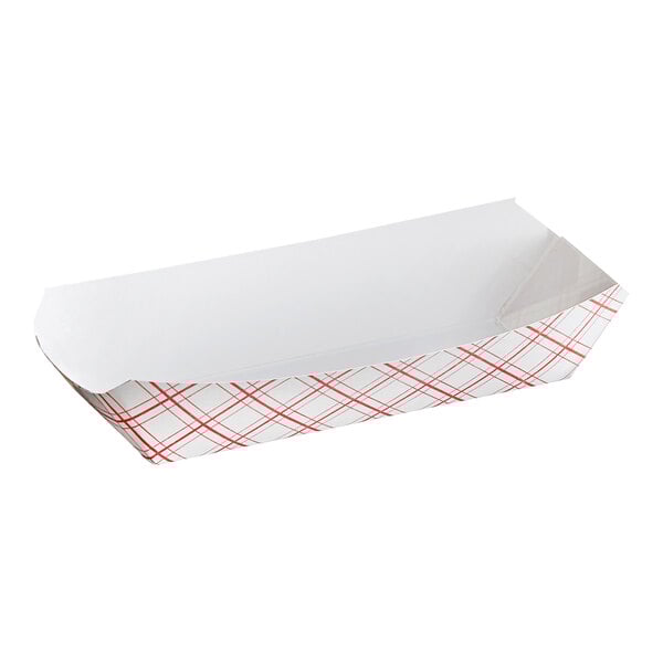 A white rectangular paper tray with a red plaid pattern.