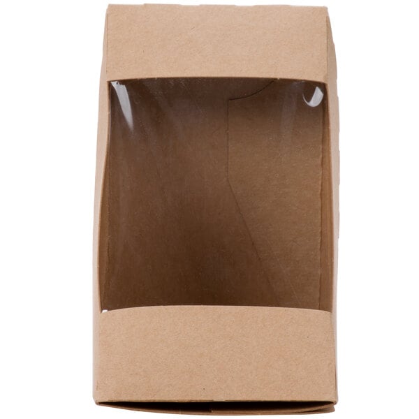 A brown box with clear plastic inside.