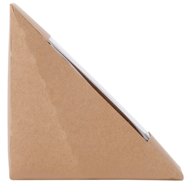 A brown triangle shaped Kraft paper container with a clear plastic window.