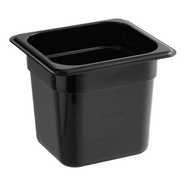A Carlisle black plastic food pan with a square lid.