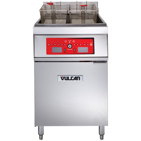 A Vulcan electric floor fryer with a red panel.