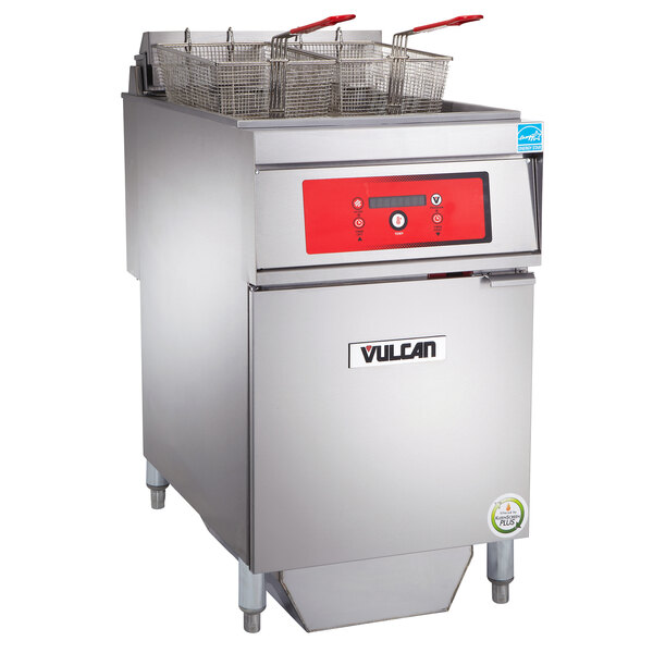 A Vulcan electric floor fryer with red handles.