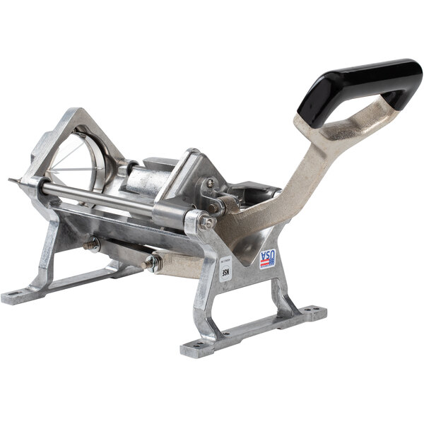 a metal machine with a black handle